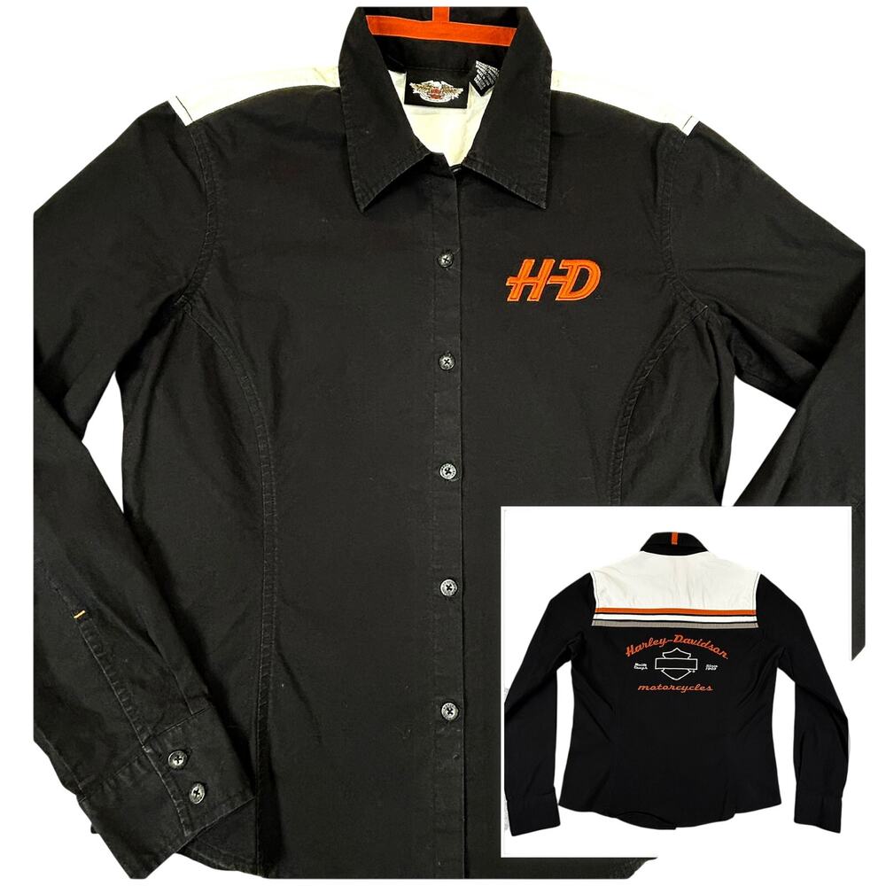 2006 Harley-Davidson Womens Black Orange Colorblock Button Up Shirt Size Medium